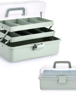BTSKY 3-Layer Plastic Dividing Storage Box Craft Organizer and Storage with Adjustable Spacers Portable Handled Art Supply Organizer Multipurpose Home Utility Box for Medicine Sewing(Haze Green)