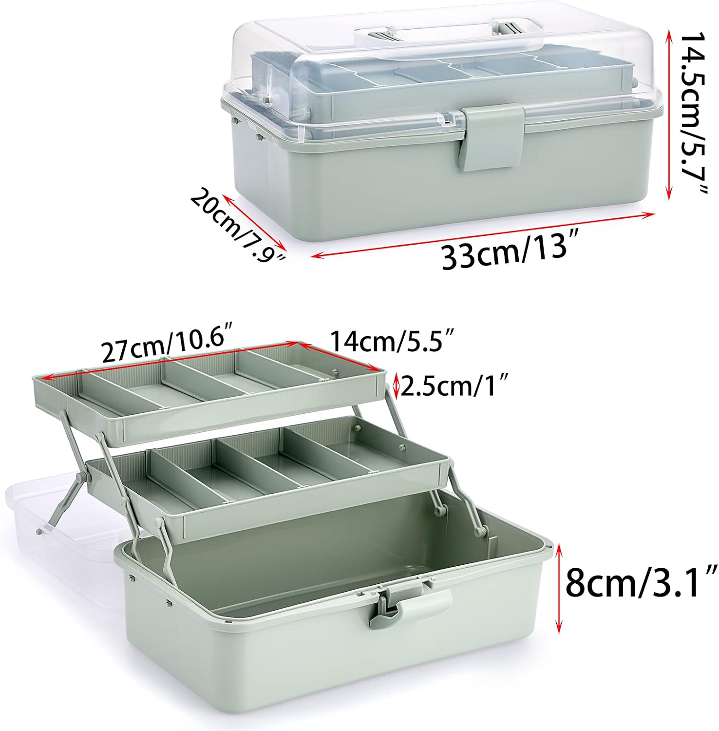 BTSKY 3-Layer Plastic Dividing Storage Box Craft Organizer and Storage with Adjustable Spacers Portable Handled Art Supply Organizer Multipurpose Home Utility Box for Medicine Sewing(Haze Green) - Image 4