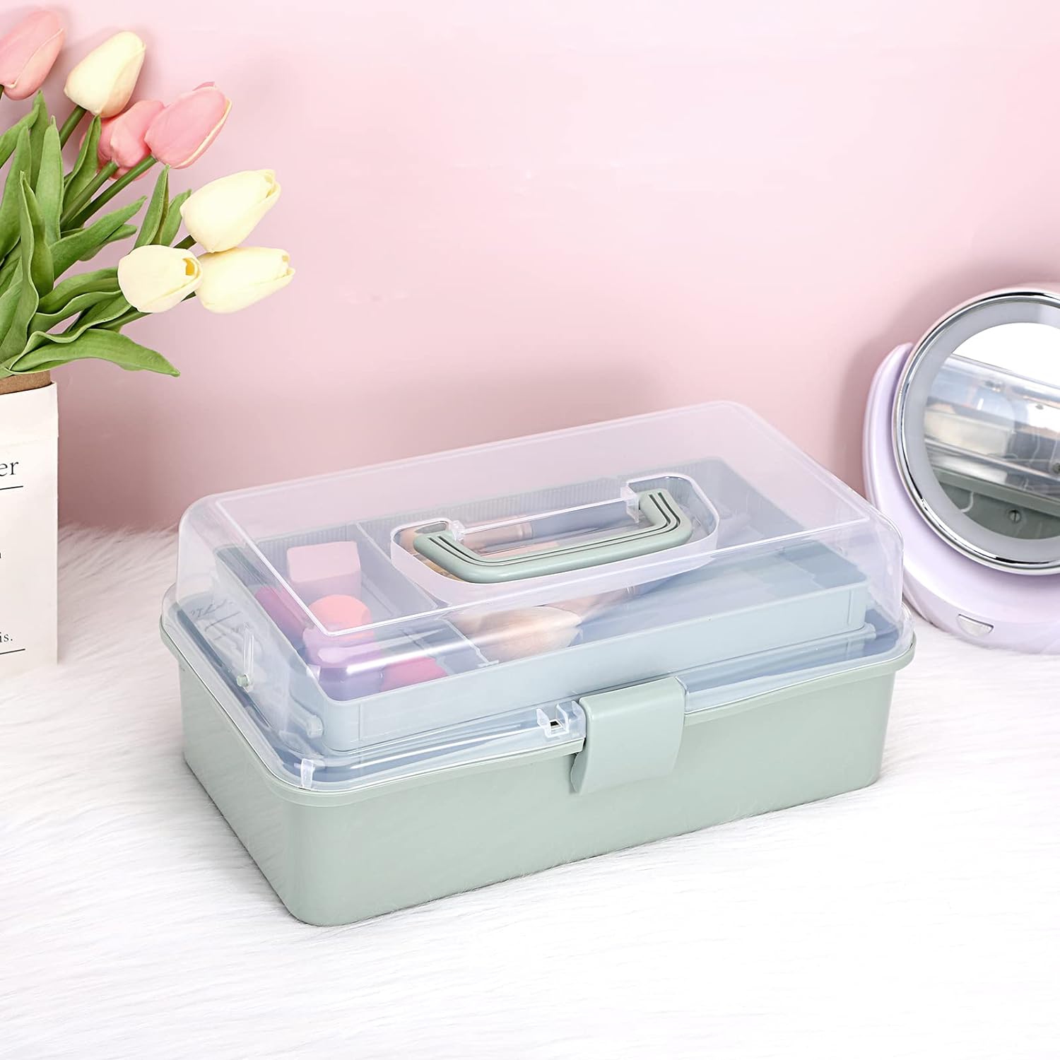 BTSKY 3-Layer Plastic Dividing Storage Box Craft Organizer and Storage with Adjustable Spacers Portable Handled Art Supply Organizer Multipurpose Home Utility Box for Medicine Sewing(Haze Green) - Image 7