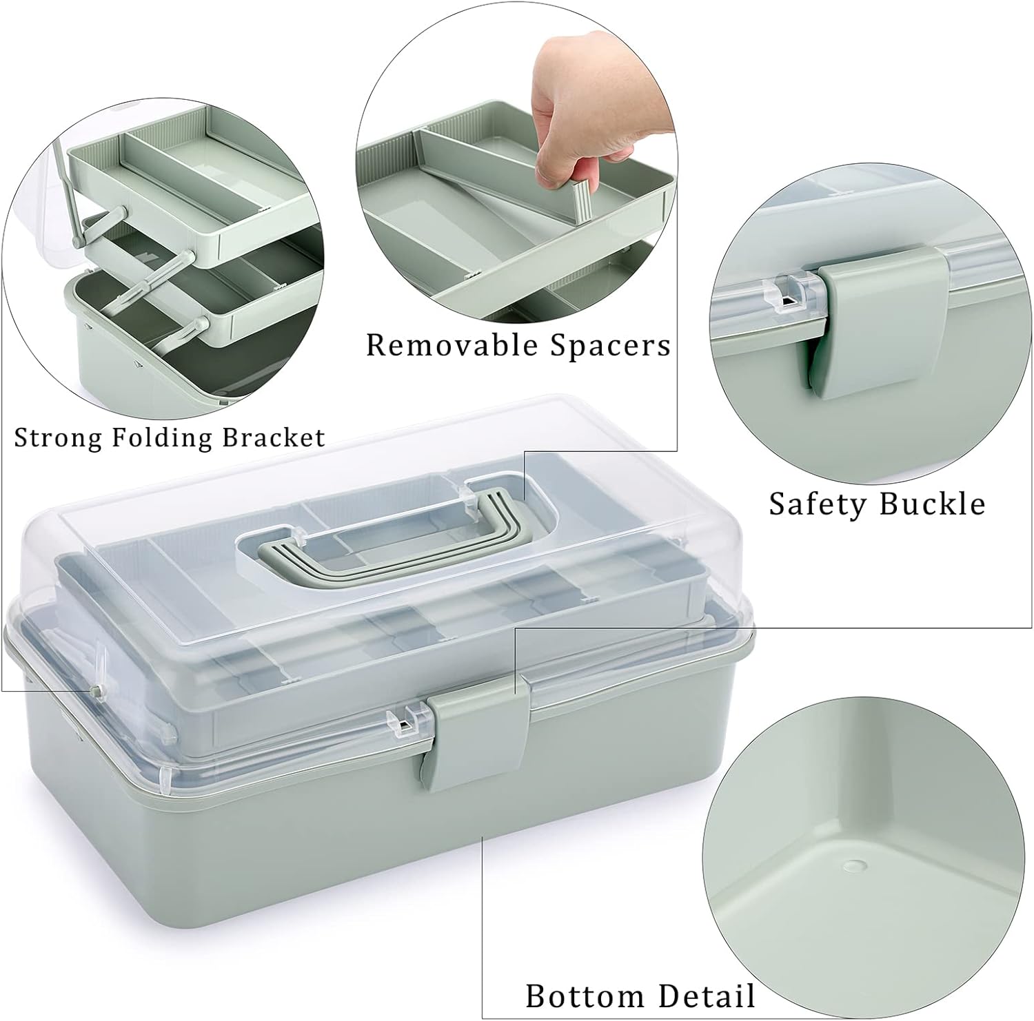 BTSKY 3-Layer Plastic Dividing Storage Box Craft Organizer and Storage with Adjustable Spacers Portable Handled Art Supply Organizer Multipurpose Home Utility Box for Medicine Sewing(Haze Green) - Image 5