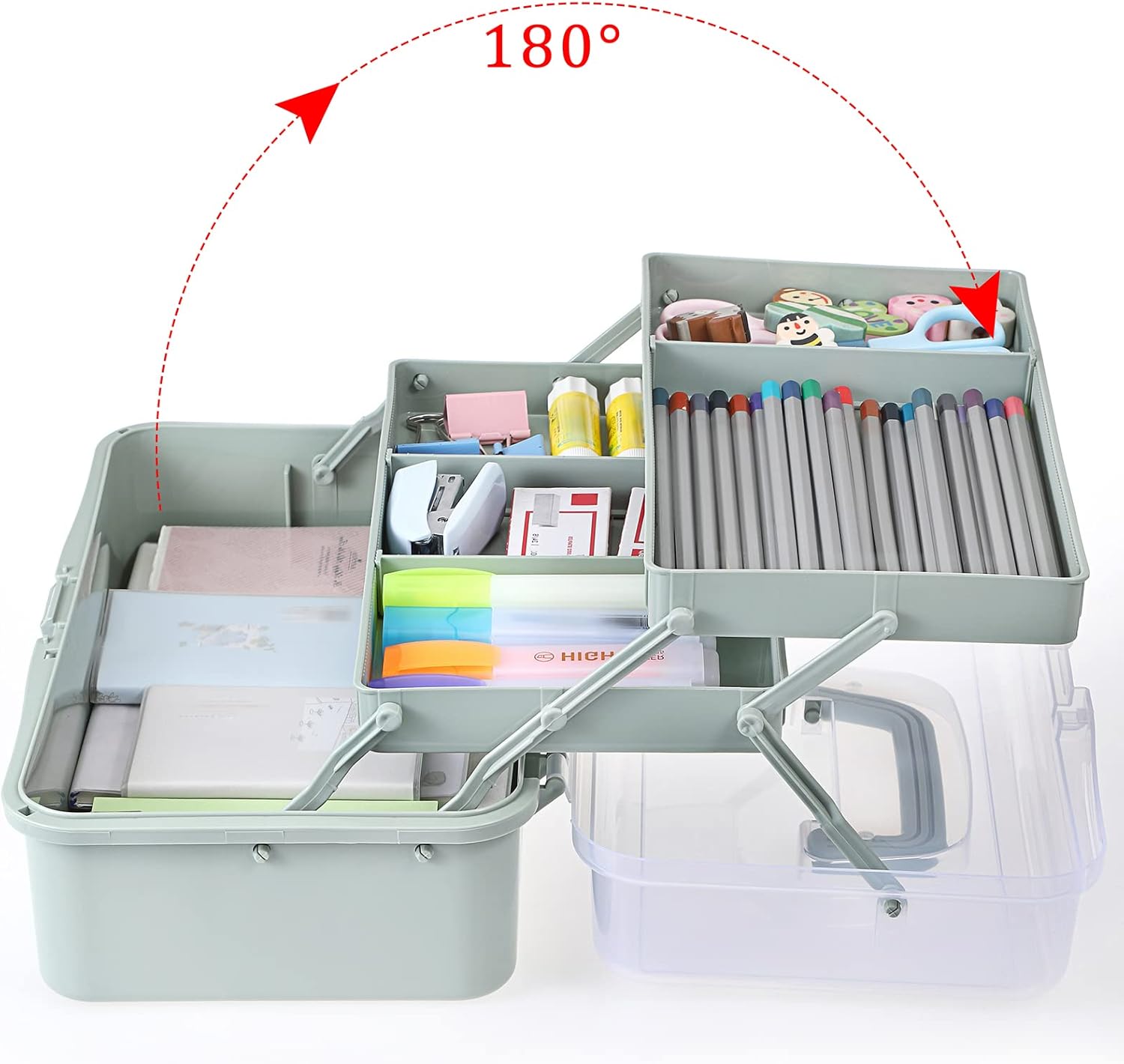 BTSKY 3-Layer Plastic Dividing Storage Box Craft Organizer and Storage with Adjustable Spacers Portable Handled Art Supply Organizer Multipurpose Home Utility Box for Medicine Sewing(Haze Green) - Image 2