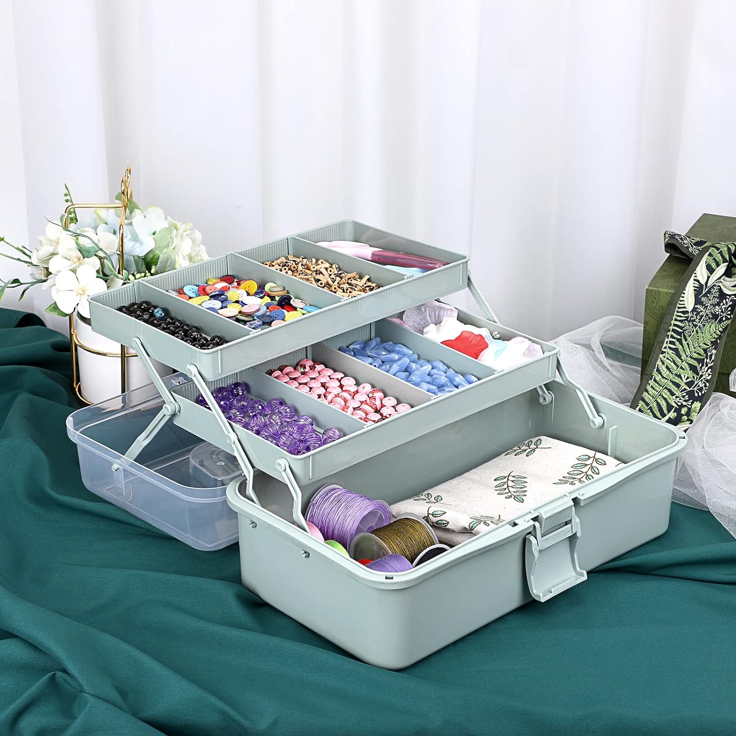 BTSKY 3-Layer Plastic Dividing Storage Box Craft Organizer and Storage with Adjustable Spacers Portable Handled Art Supply Organizer Multipurpose Home Utility Box for Medicine Sewing(Haze Green) - Image 6