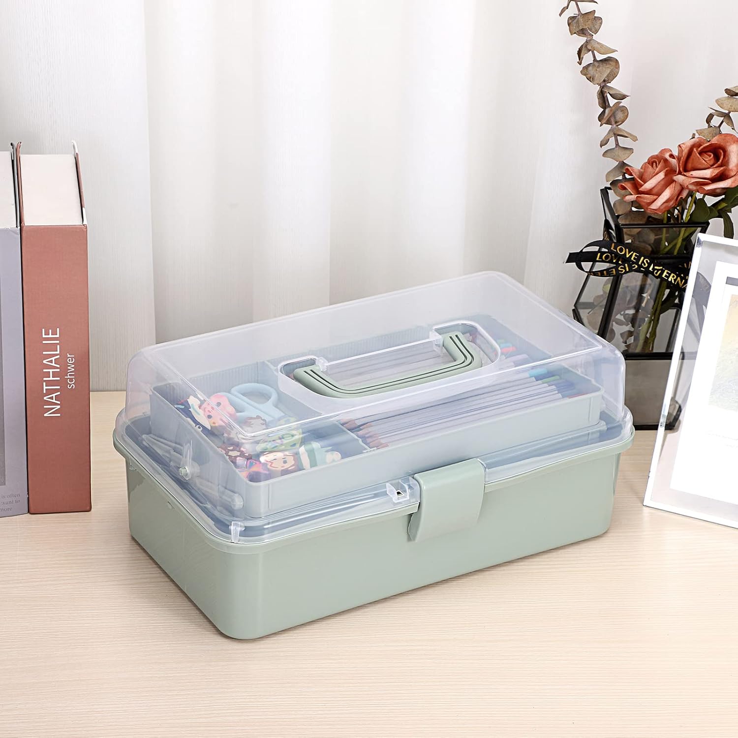 BTSKY 3-Layer Plastic Dividing Storage Box Craft Organizer and Storage with Adjustable Spacers Portable Handled Art Supply Organizer Multipurpose Home Utility Box for Medicine Sewing(Haze Green) - Image 3